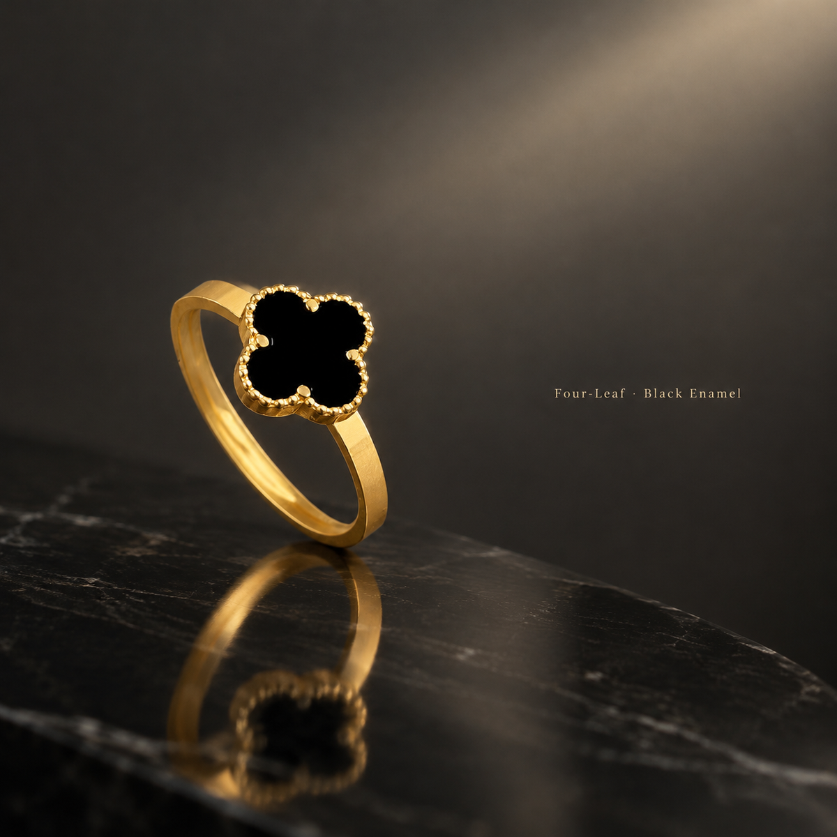 Black Enamel Clover Ring, Dainty Four Leaf Clover Band Ring, Gold & Silver Plated Minimalist Fashion Ring for Women, Trendy Everyday Jewelry Gift