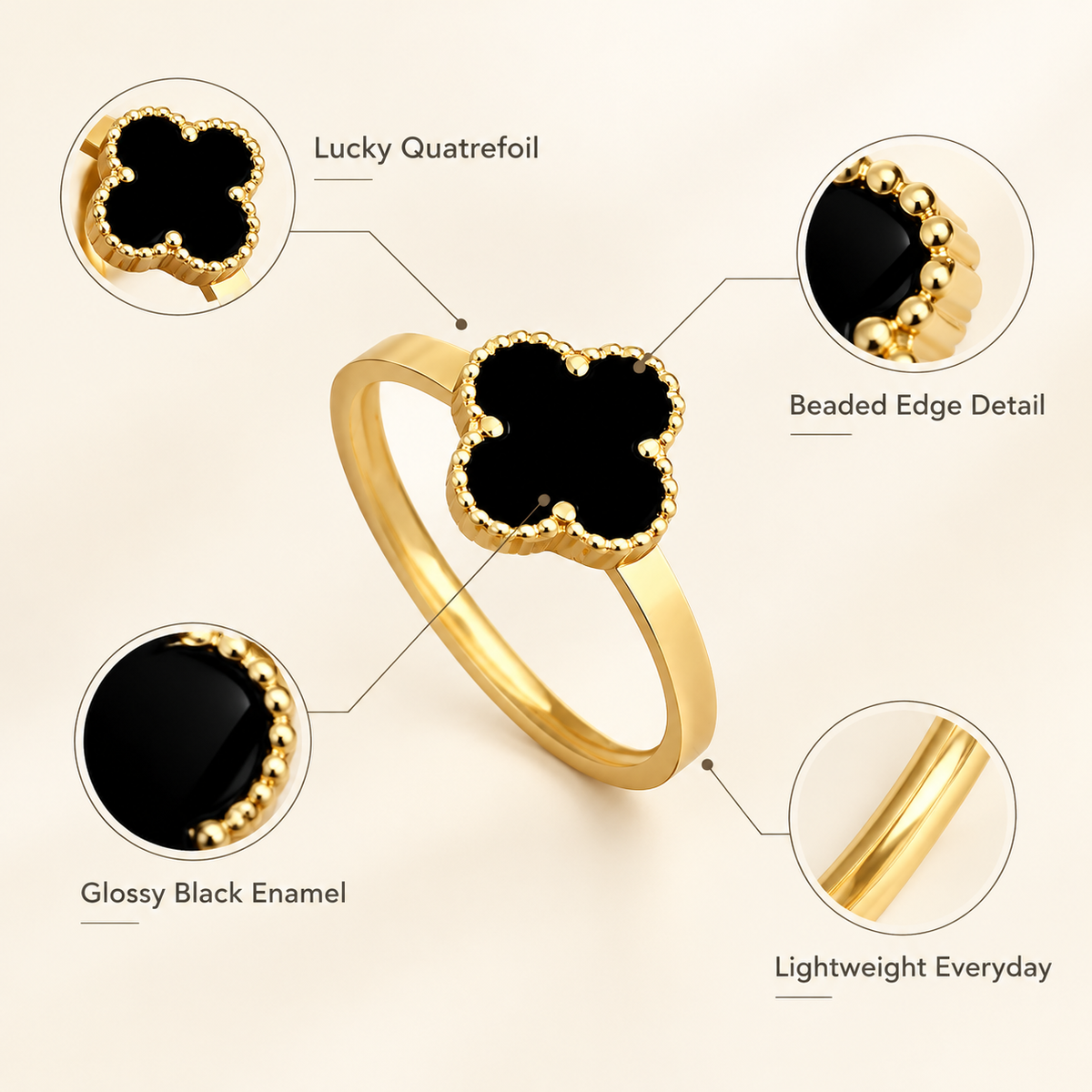 Black Enamel Clover Ring, Dainty Four Leaf Clover Band Ring, Gold & Silver Plated Minimalist Fashion Ring for Women, Trendy Everyday Jewelry Gift