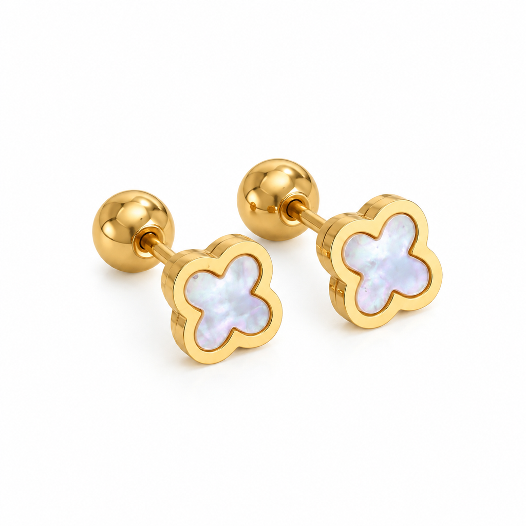 Gold Four Leaf Clover Screw Back Stud Earrings, White Shell Inlay Hypoallergenic Waterproof Earrings, Dainty Lucky Clover Everyday Earrings for Women