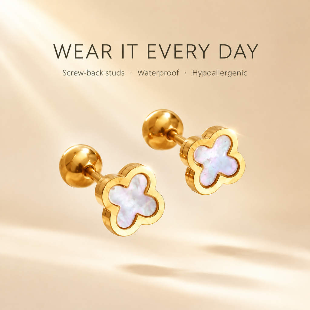 Gold Four Leaf Clover Screw Back Stud Earrings, White Shell Inlay Hypoallergenic Waterproof Earrings, Dainty Lucky Clover Everyday Earrings for Women