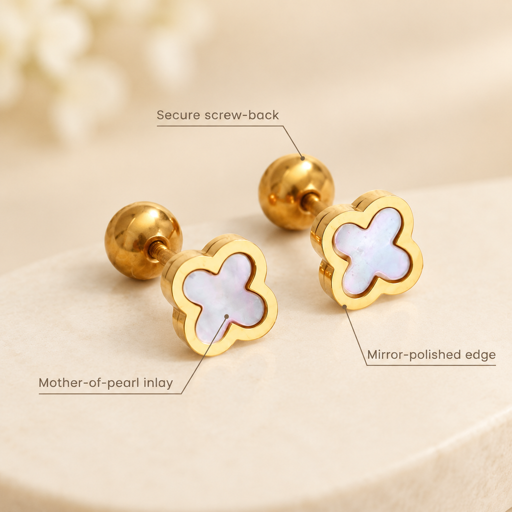 Gold Four Leaf Clover Screw Back Stud Earrings, White Shell Inlay Hypoallergenic Waterproof Earrings, Dainty Lucky Clover Everyday Earrings for Women