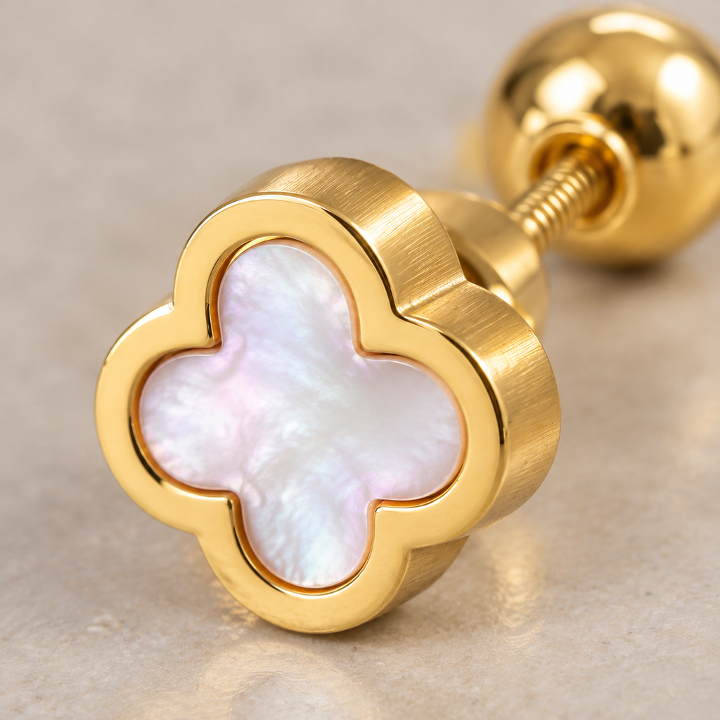 Gold Four Leaf Clover Screw Back Stud Earrings, White Shell Inlay Hypoallergenic Waterproof Earrings, Dainty Lucky Clover Everyday Earrings for Women
