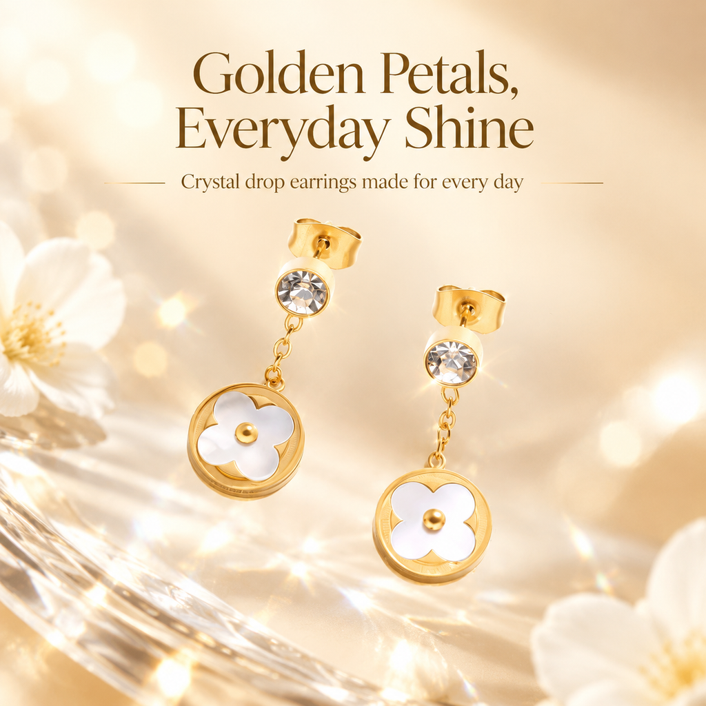 Gold Four Leaf Clover Drop Earrings, White Shell Inlay Round Disc Dangle Earrings with CZ Crystal, Elegant Vintage Floral Earrings for Women, Fashion Jewelry Gift