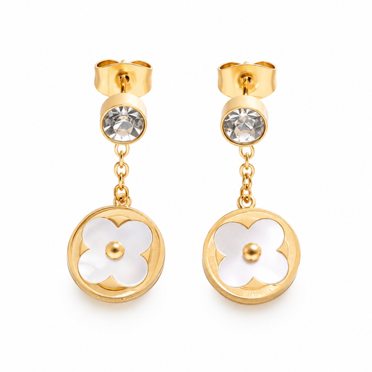 Gold Four Leaf Clover Drop Earrings, White Shell Inlay Round Disc Dangle Earrings with CZ Crystal, Elegant Vintage Floral Earrings for Women, Fashion Jewelry Gift