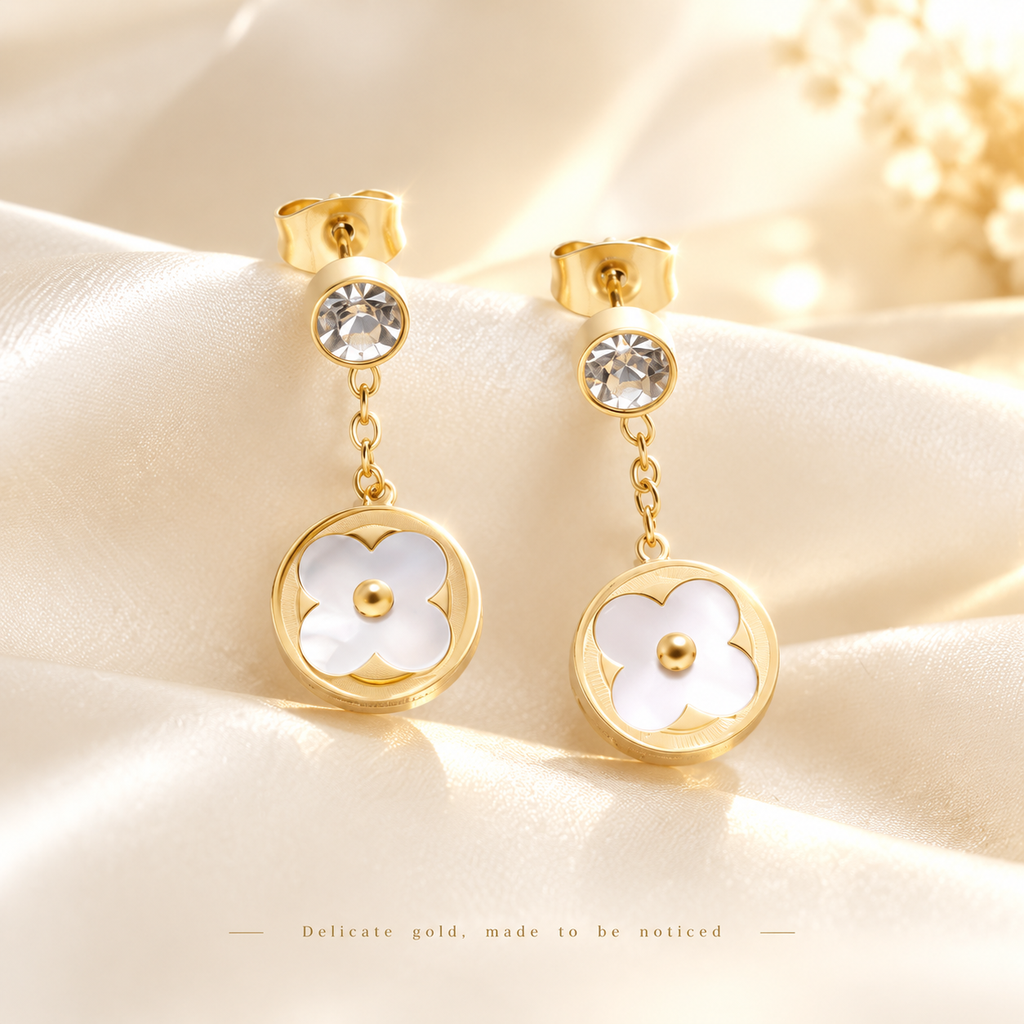 Gold Four Leaf Clover Drop Earrings, White Shell Inlay Round Disc Dangle Earrings with CZ Crystal, Elegant Vintage Floral Earrings for Women, Fashion Jewelry Gift