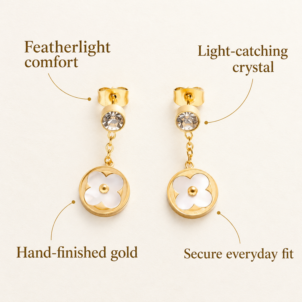 Gold Four Leaf Clover Drop Earrings, White Shell Inlay Round Disc Dangle Earrings with CZ Crystal, Elegant Vintage Floral Earrings for Women, Fashion Jewelry Gift
