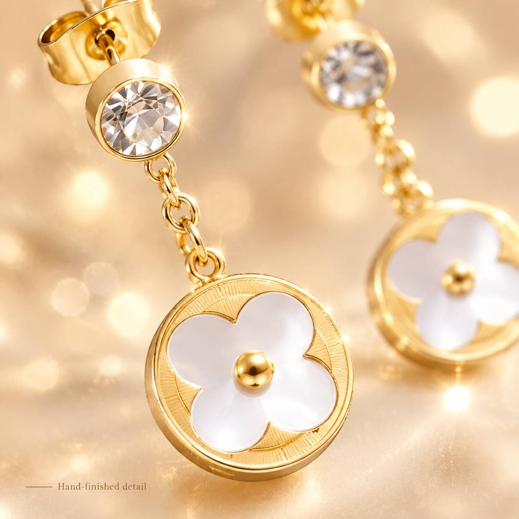 Gold Four Leaf Clover Drop Earrings, White Shell Inlay Round Disc Dangle Earrings with CZ Crystal, Elegant Vintage Floral Earrings for Women, Fashion Jewelry Gift