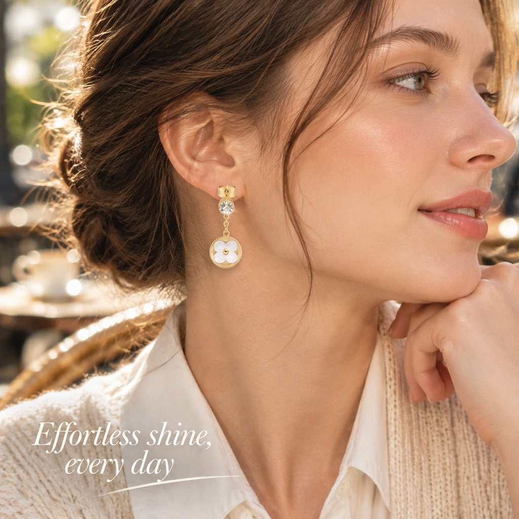 Gold Four Leaf Clover Drop Earrings, White Shell Inlay Round Disc Dangle Earrings with CZ Crystal, Elegant Vintage Floral Earrings for Women, Fashion Jewelry Gift