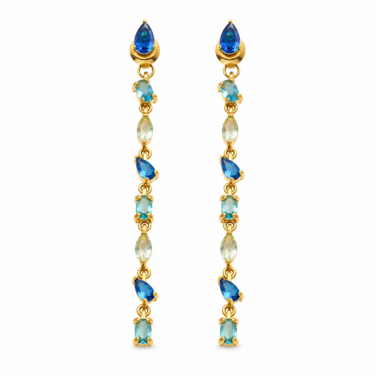 Gold Long Drop Multicolor Crystal Earrings, Waterproof Stainless Steel Colorful Teardrop Gemstone Dangle Earrings for Women, Party Wedding Statement Jewelry