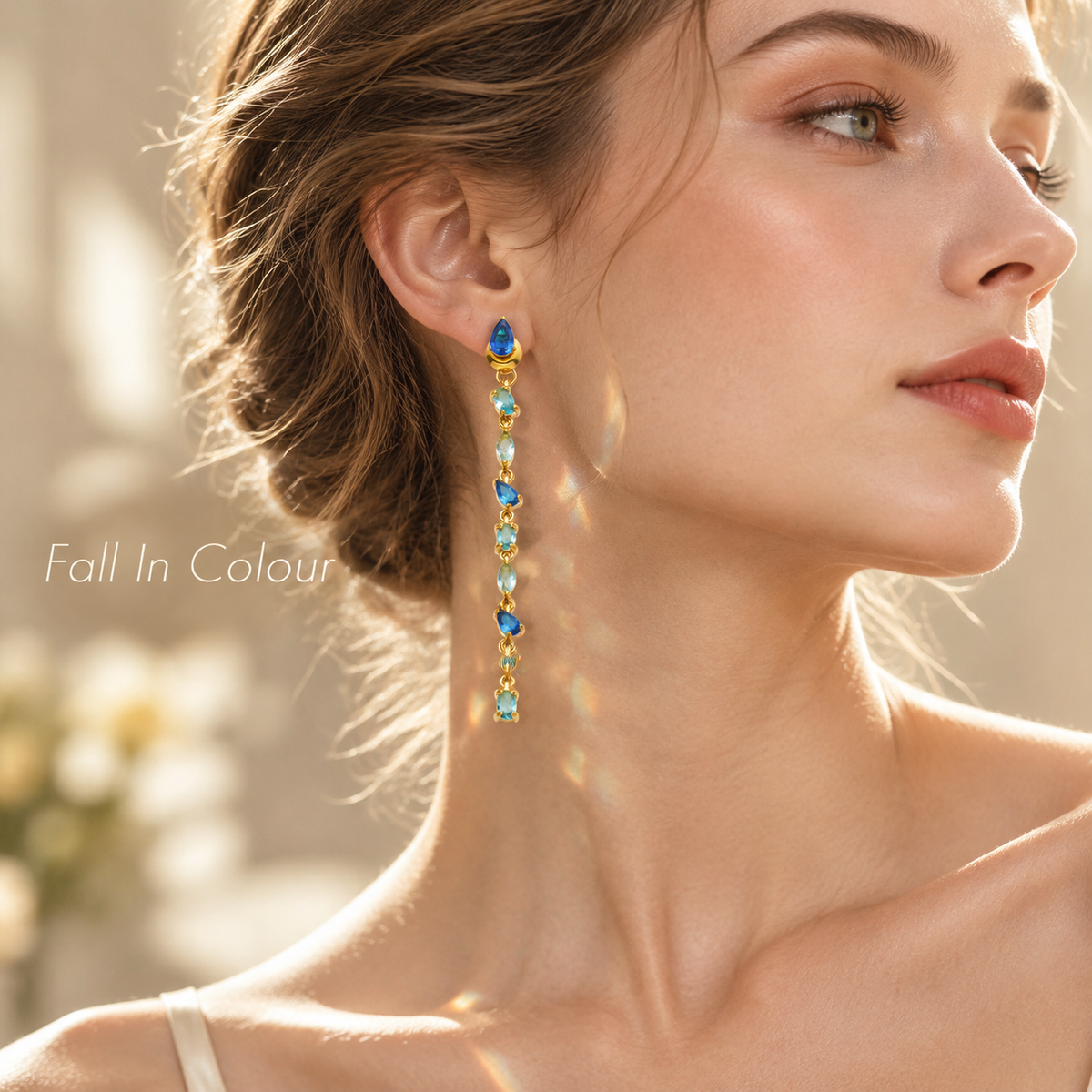 Gold Long Drop Multicolor Crystal Earrings, Waterproof Stainless Steel Colorful Teardrop Gemstone Dangle Earrings for Women, Party Wedding Statement Jewelry
