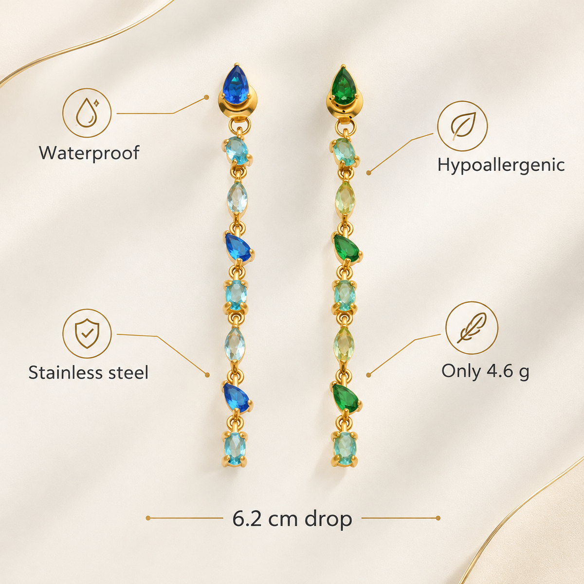 Gold Long Drop Multicolor Crystal Earrings, Waterproof Stainless Steel Colorful Teardrop Gemstone Dangle Earrings for Women, Party Wedding Statement Jewelry