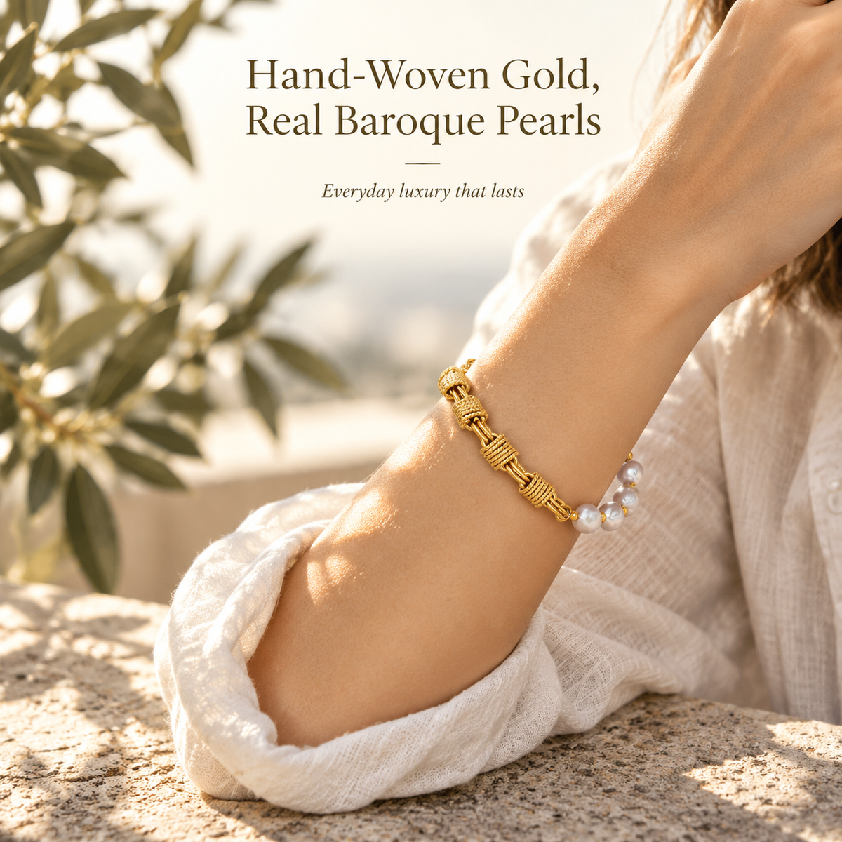 18K Gold Plated Hand-Woven Chain Baroque Pearl Bracelet for Women, Waterproof Stainless Steel Irreal Pearl Bracelet, Vintage Everyday Stackable Jewelry