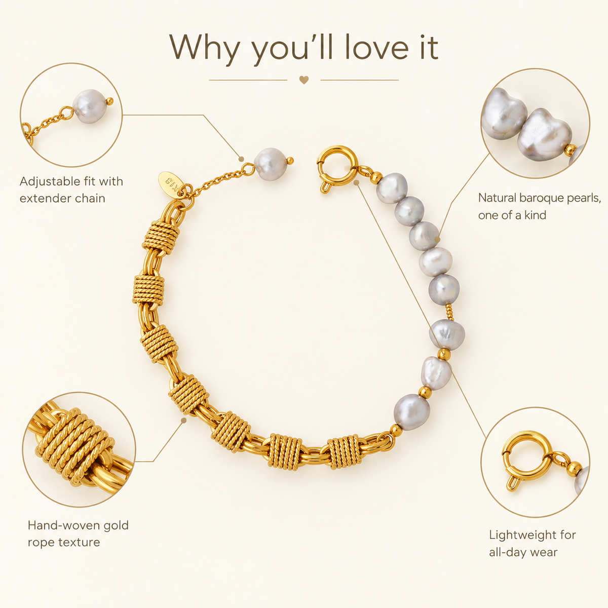 18K Gold Plated Hand-Woven Chain Baroque Pearl Bracelet for Women, Waterproof Stainless Steel Irreal Pearl Bracelet, Vintage Everyday Stackable Jewelry