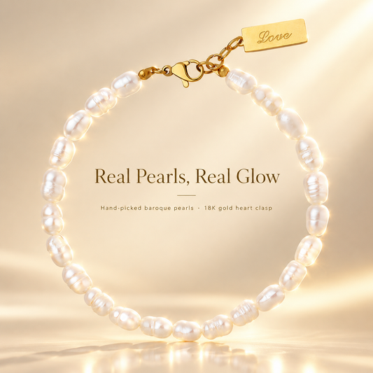 18K Gold Plated Baroque Pearl Bracelet for Women, Waterproof Stainless Steel Love Tag Irregular Freshwater Pearl Bracelet, Minimalist Elegant Daily Stackable Jewelry