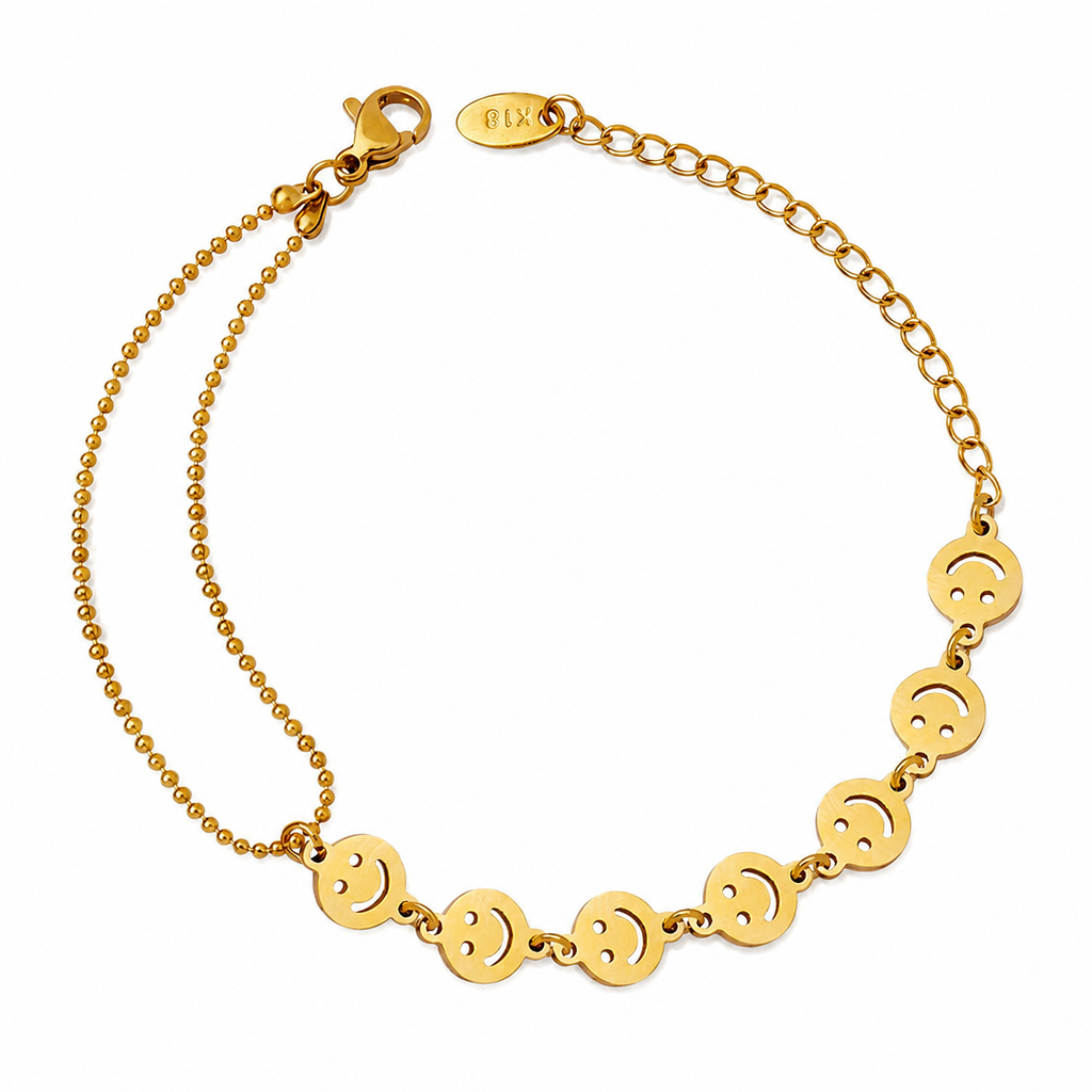18K Gold Plated Double Layer Smile Face Bracelet for Women, Waterproof Stainless Steel Cute Happy Face Dainty Stackable Bracelet, Minimalist Daily Jewelry