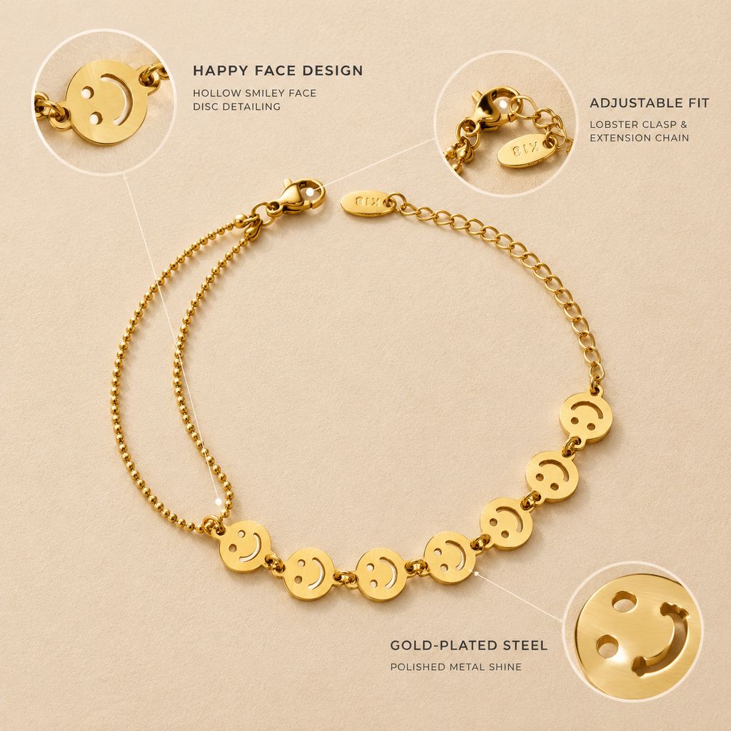 18K Gold Plated Double Layer Smile Face Bracelet for Women, Waterproof Stainless Steel Cute Happy Face Dainty Stackable Bracelet, Minimalist Daily Jewelry
