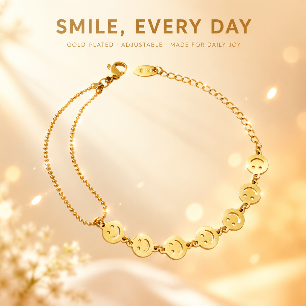 18K Gold Plated Double Layer Smile Face Bracelet for Women, Waterproof Stainless Steel Cute Happy Face Dainty Stackable Bracelet, Minimalist Daily Jewelry