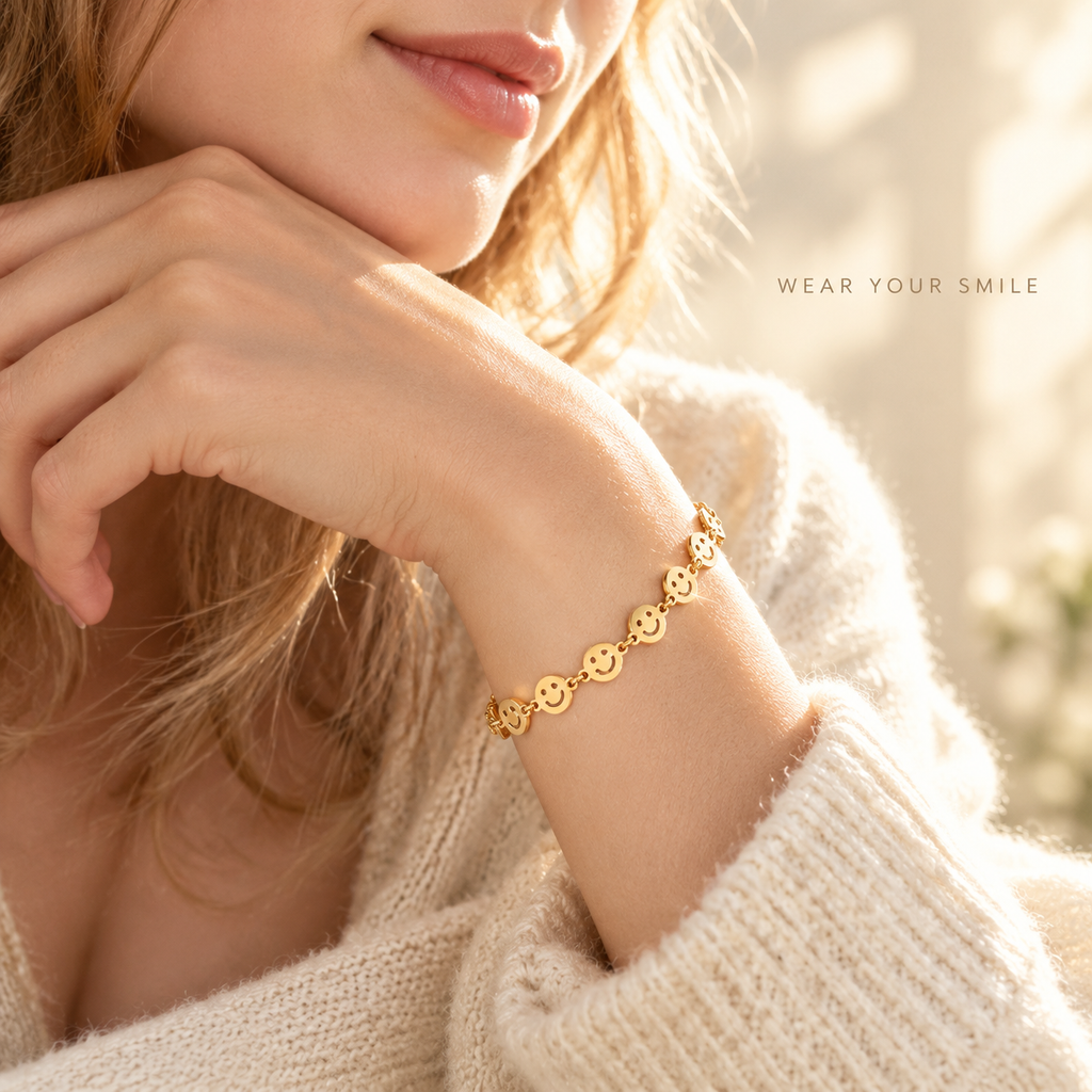 18K Gold Plated Double Layer Smile Face Bracelet for Women, Waterproof Stainless Steel Cute Happy Face Dainty Stackable Bracelet, Minimalist Daily Jewelry