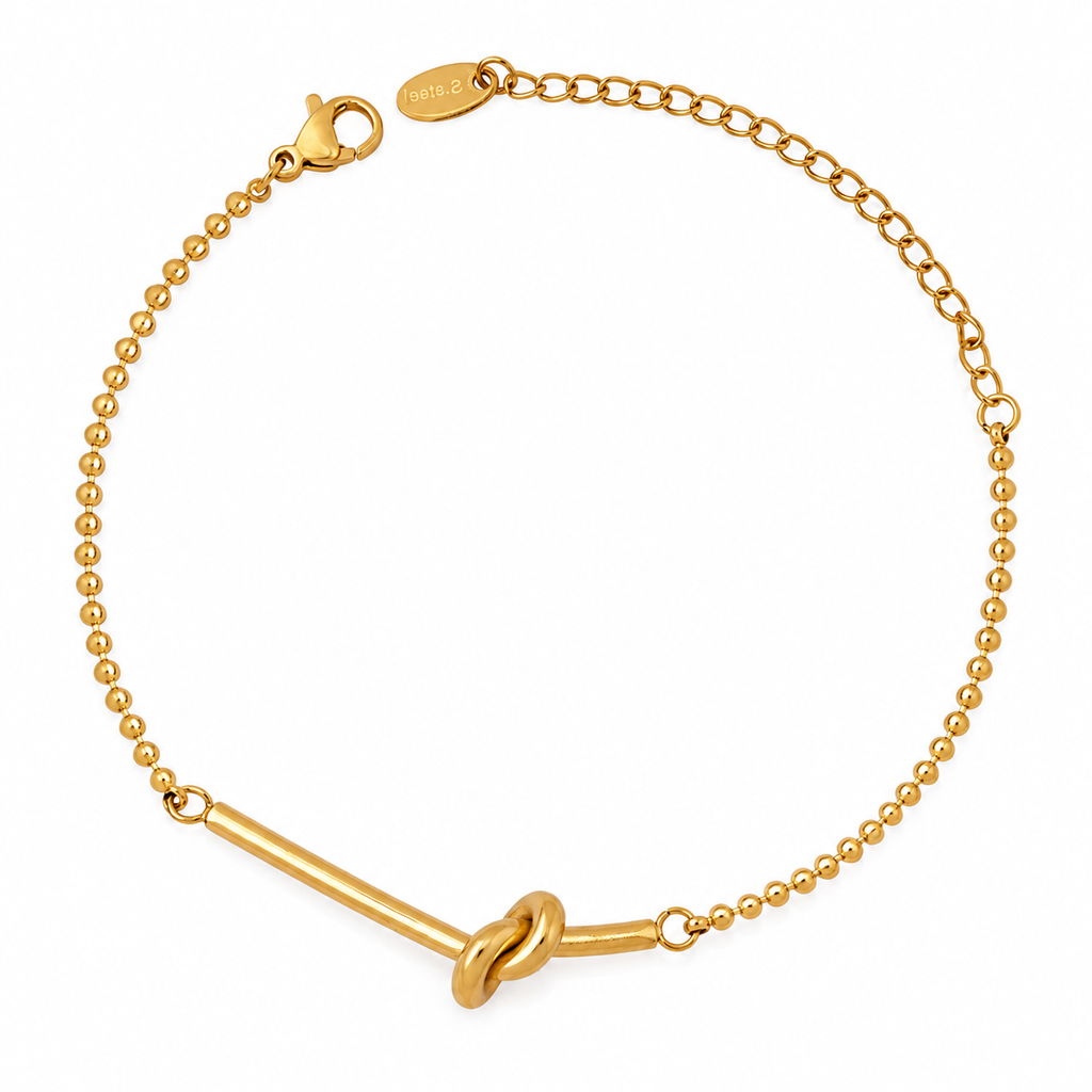 18K Gold Plated Knot Beaded Bracelet for Women, Waterproof Stainless Steel Minimalist Love Knot Bar Beaded Chain Bracelet, Dainty Everyday Stackable Jewelry