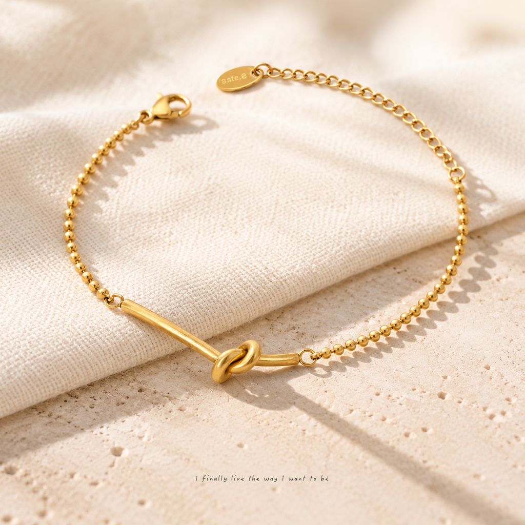 18K Gold Plated Knot Beaded Bracelet for Women, Waterproof Stainless Steel Minimalist Love Knot Bar Beaded Chain Bracelet, Dainty Everyday Stackable Jewelry