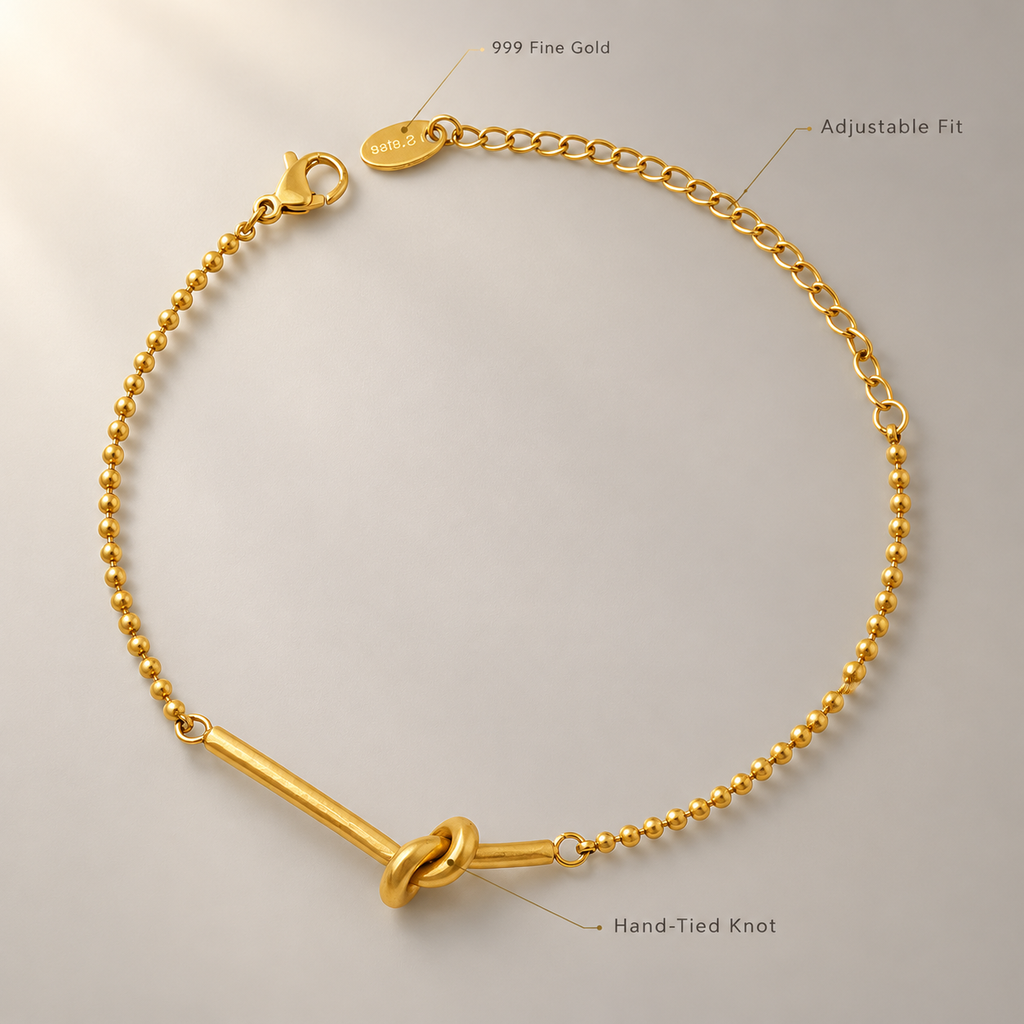 18K Gold Plated Knot Beaded Bracelet for Women, Waterproof Stainless Steel Minimalist Love Knot Bar Beaded Chain Bracelet, Dainty Everyday Stackable Jewelry