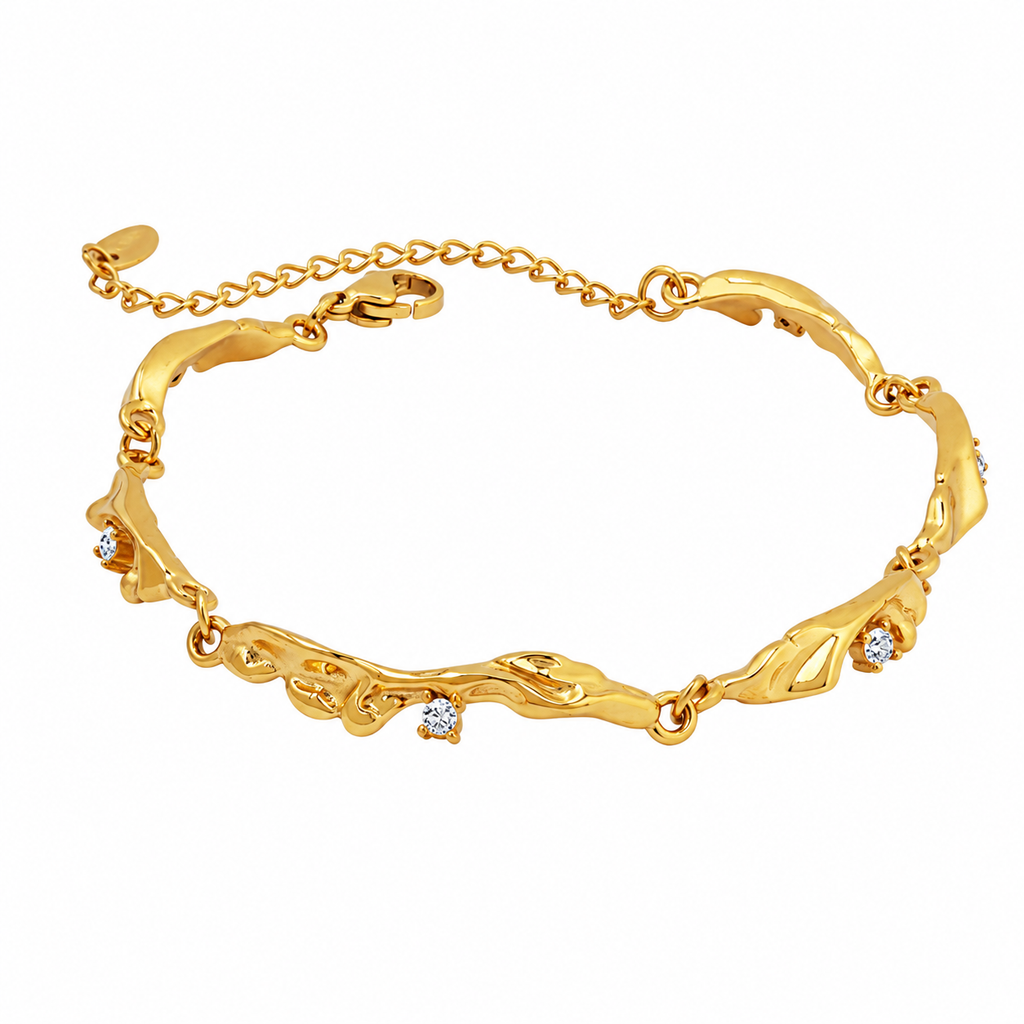 18K Gold Plated Irregular Sculpted Zircon Bracelet for Women, Waterproof Stainless Steel Twisted Organic Shape Crystal Bracelet, Elegant Everyday Statement Jewelry