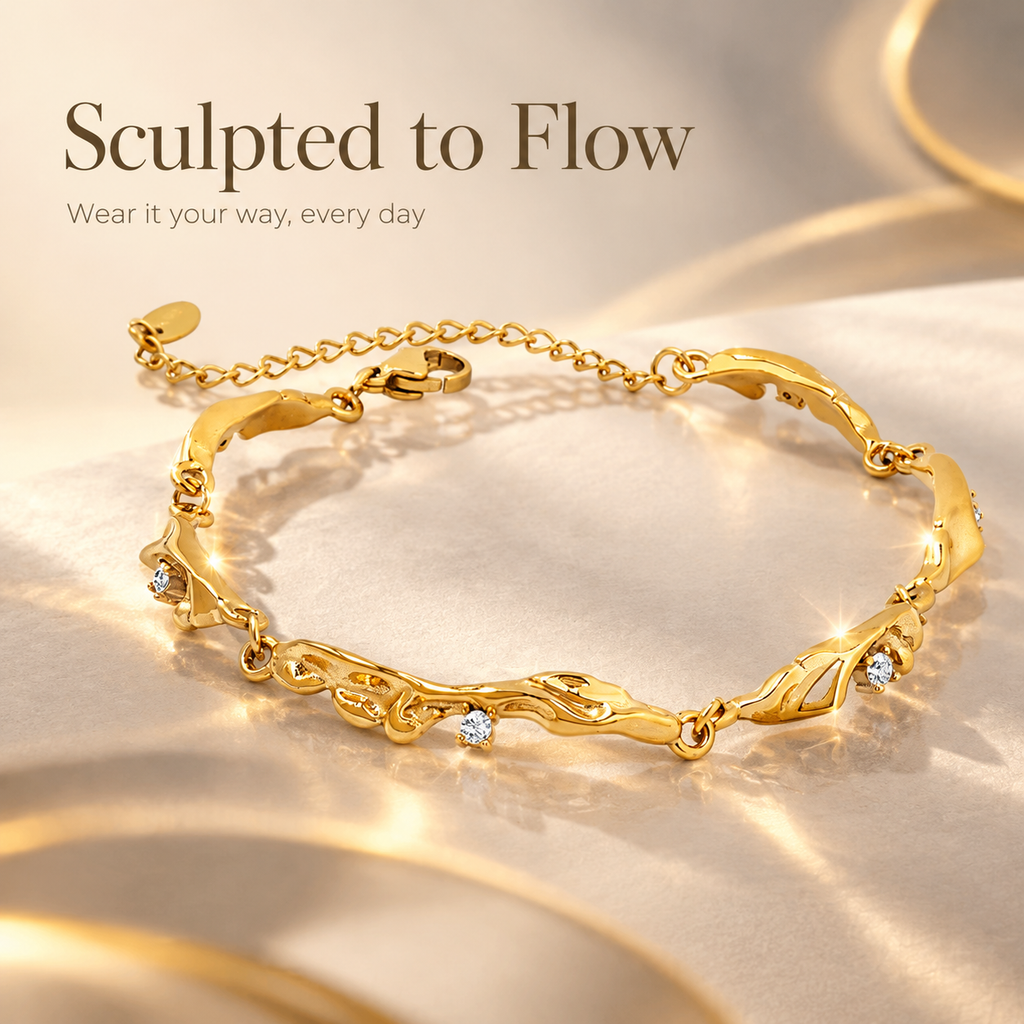 18K Gold Plated Irregular Sculpted Zircon Bracelet for Women, Waterproof Stainless Steel Twisted Organic Shape Crystal Bracelet, Elegant Everyday Statement Jewelry