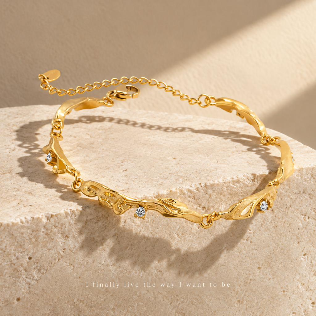 18K Gold Plated Irregular Sculpted Zircon Bracelet for Women, Waterproof Stainless Steel Twisted Organic Shape Crystal Bracelet, Elegant Everyday Statement Jewelry