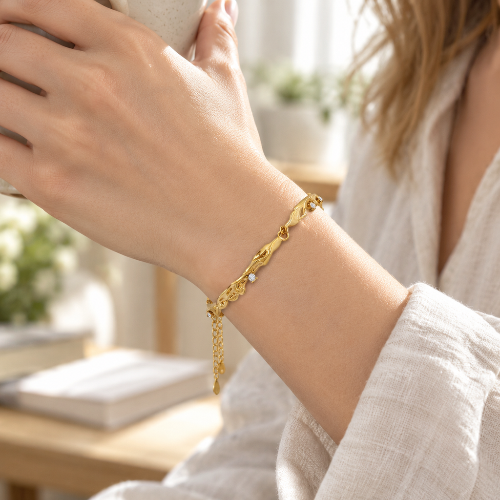 18K Gold Plated Irregular Sculpted Zircon Bracelet for Women, Waterproof Stainless Steel Twisted Organic Shape Crystal Bracelet, Elegant Everyday Statement Jewelry