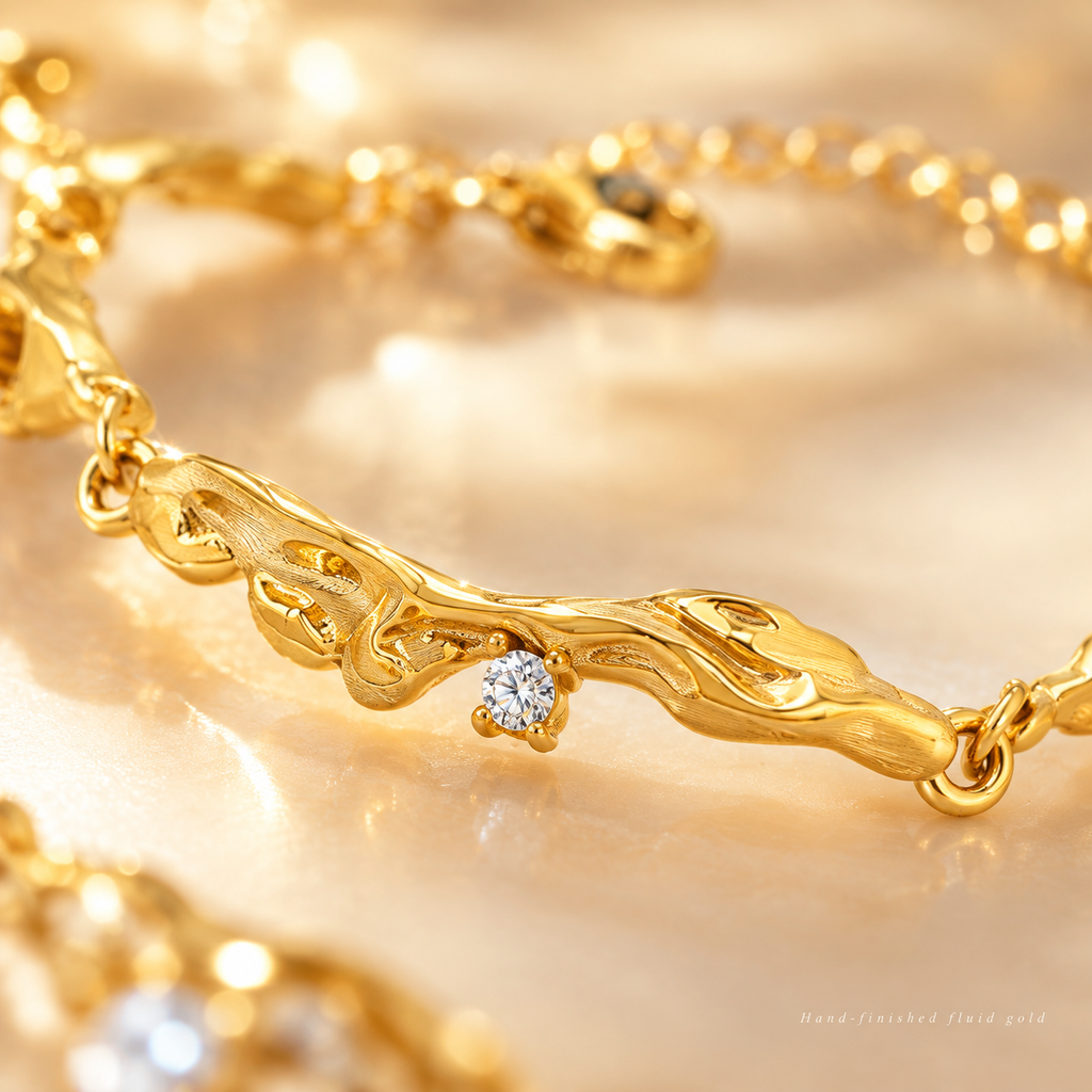 18K Gold Plated Irregular Sculpted Zircon Bracelet for Women, Waterproof Stainless Steel Twisted Organic Shape Crystal Bracelet, Elegant Everyday Statement Jewelry
