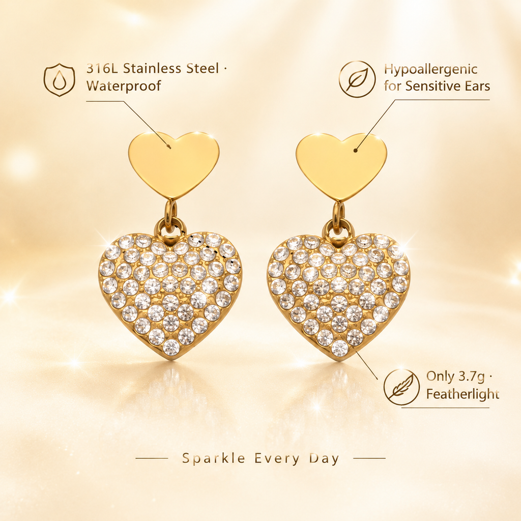 18K Gold Plated Double Heart Dangle Earrings, Pave CZ Sparkly Heart Drop Earrings, Waterproof Hypoallergenic Stainless Steel Earrings for Women