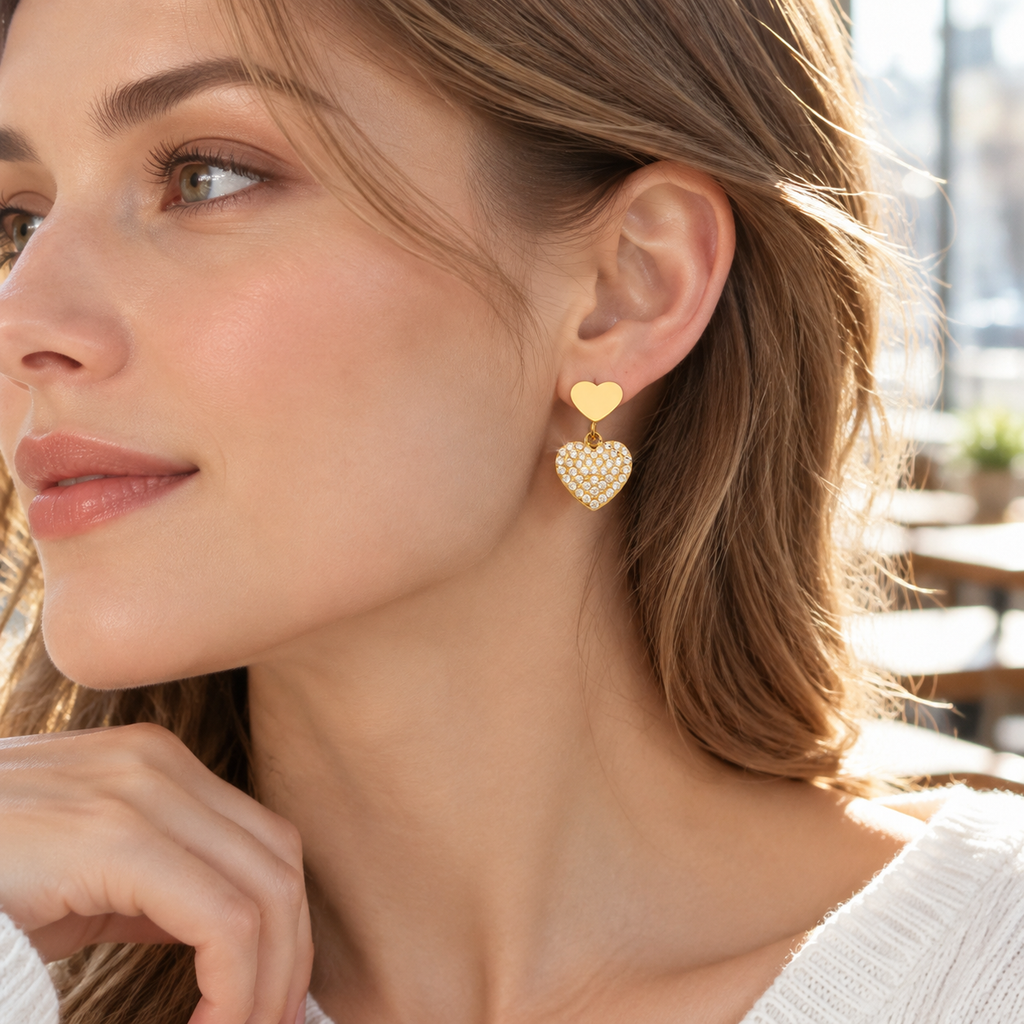 18K Gold Plated Double Heart Dangle Earrings, Pave CZ Sparkly Heart Drop Earrings, Waterproof Hypoallergenic Stainless Steel Earrings for Women