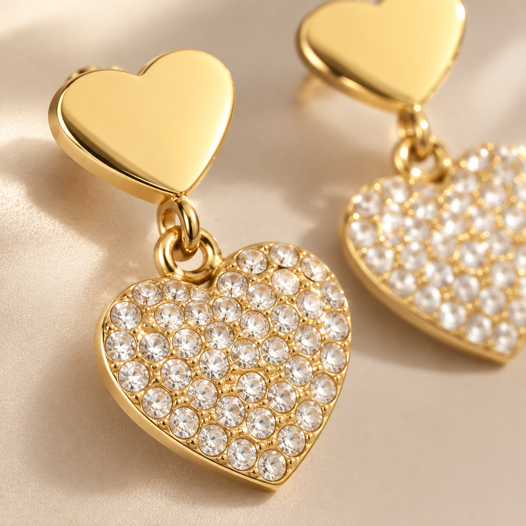 18K Gold Plated Double Heart Dangle Earrings, Pave CZ Sparkly Heart Drop Earrings, Waterproof Hypoallergenic Stainless Steel Earrings for Women