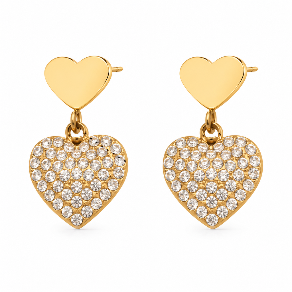 18K Gold Plated Double Heart Dangle Earrings, Pave CZ Sparkly Heart Drop Earrings, Waterproof Hypoallergenic Stainless Steel Earrings for Women