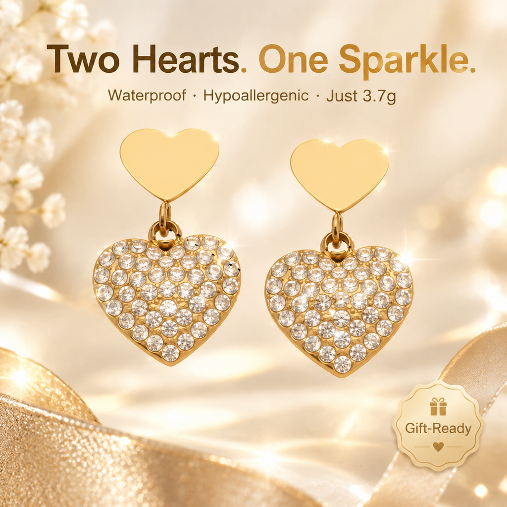 18K Gold Plated Double Heart Dangle Earrings, Pave CZ Sparkly Heart Drop Earrings, Waterproof Hypoallergenic Stainless Steel Earrings for Women
