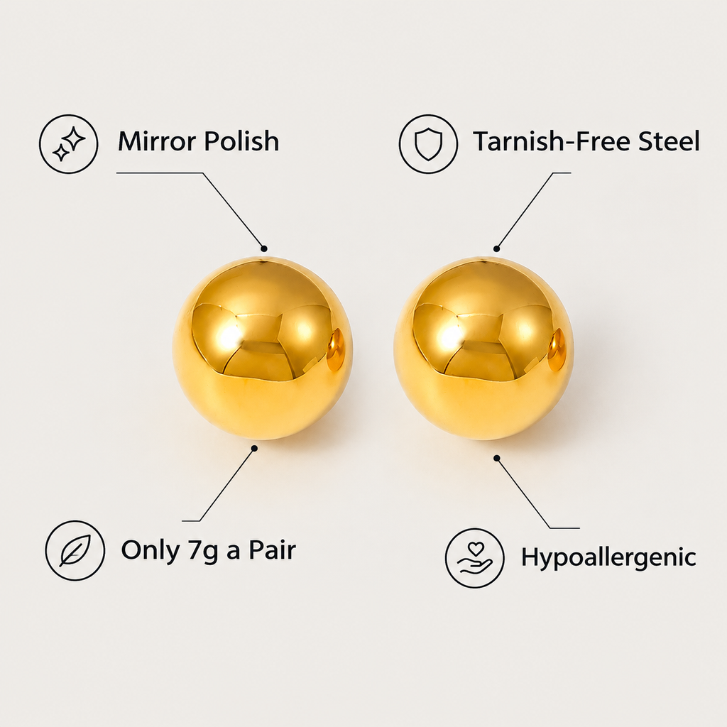 18K Gold Plated Ball Stud Earrings, Smooth Round Bead Stainless Steel Stud Earrings, Waterproof Hypoallergenic Minimalist Earrings for Women