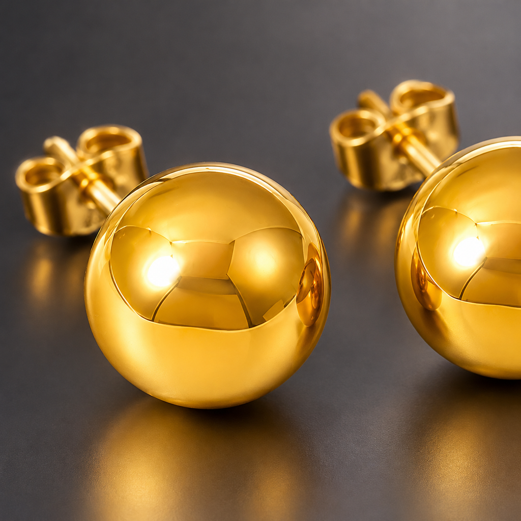 18K Gold Plated Ball Stud Earrings, Smooth Round Bead Stainless Steel Stud Earrings, Waterproof Hypoallergenic Minimalist Earrings for Women