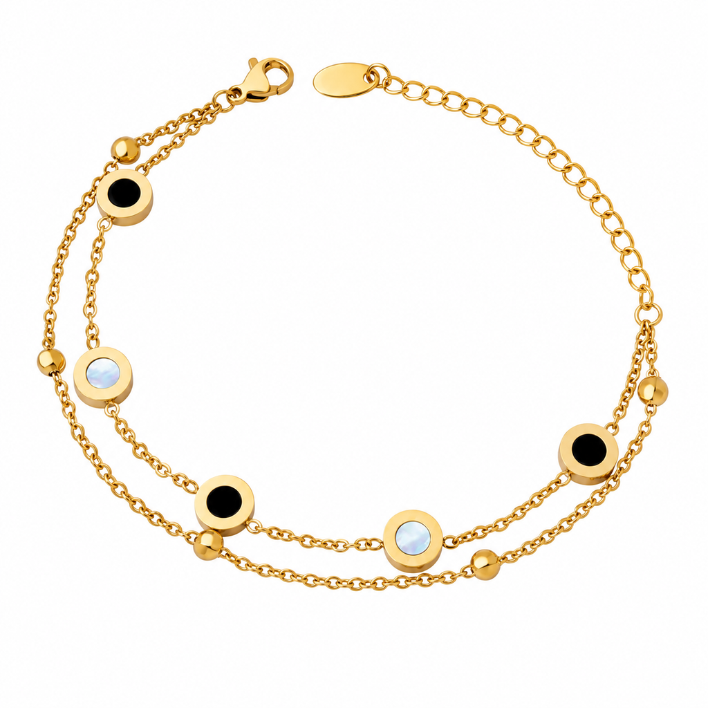 18K Gold Plated Double Layer Bracelet, Black Onyx & Mother of Pearl Disc Beaded Bracelet, Adjustable Stainless Steel Stackable Bracelet for Women