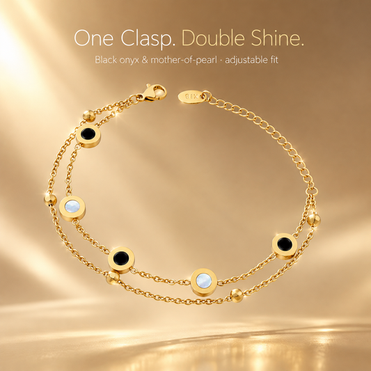 18K Gold Plated Double Layer Bracelet, Black Onyx & Mother of Pearl Disc Beaded Bracelet, Adjustable Stainless Steel Stackable Bracelet for Women