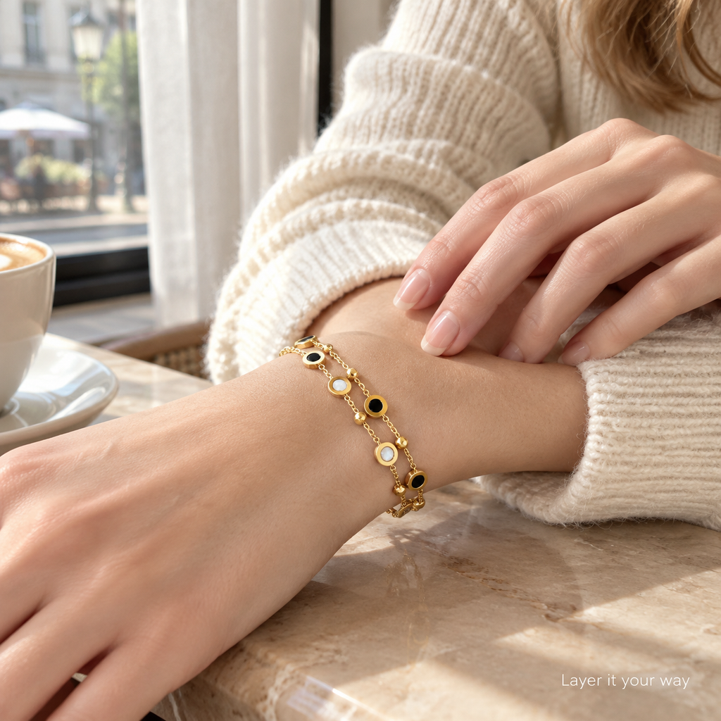 18K Gold Plated Double Layer Bracelet, Black Onyx & Mother of Pearl Disc Beaded Bracelet, Adjustable Stainless Steel Stackable Bracelet for Women