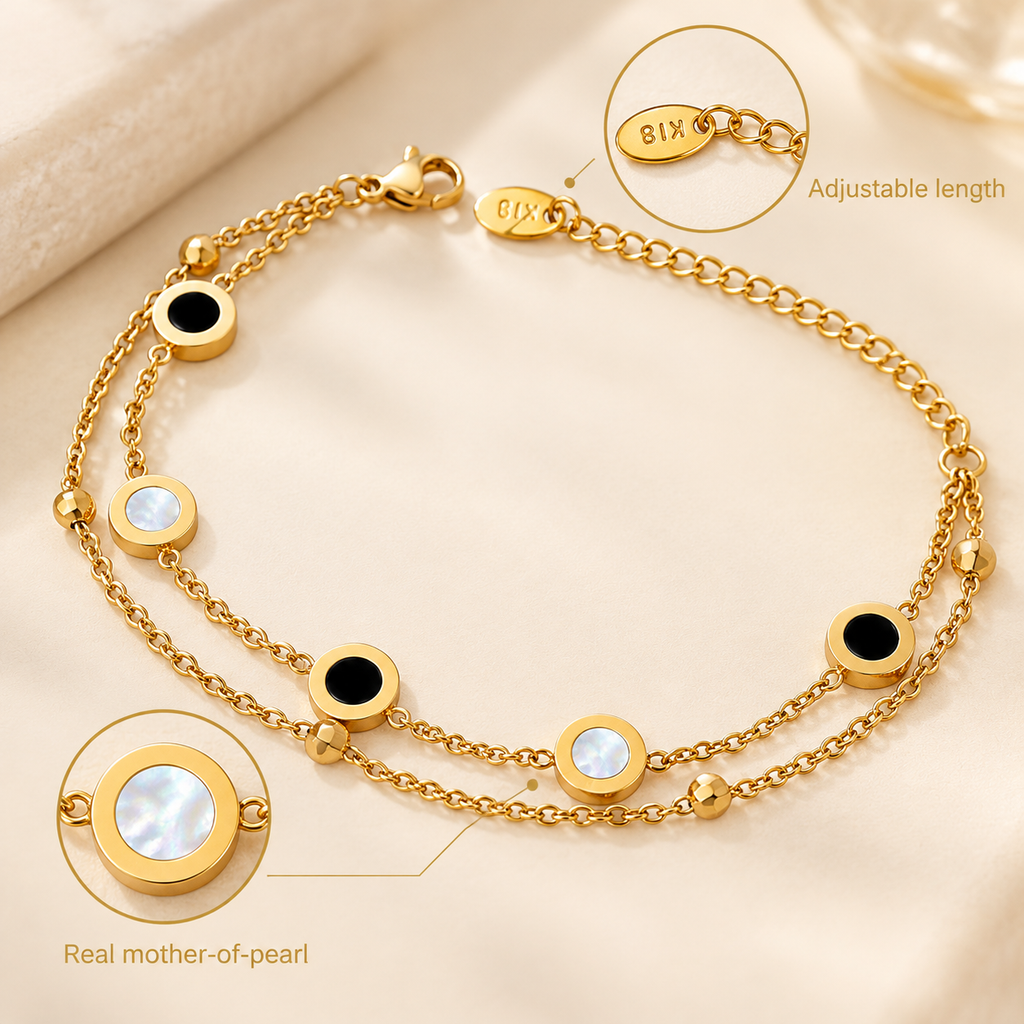 18K Gold Plated Double Layer Bracelet, Black Onyx & Mother of Pearl Disc Beaded Bracelet, Adjustable Stainless Steel Stackable Bracelet for Women