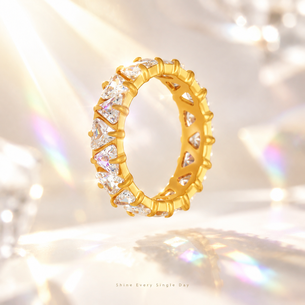Rainbow Triangle CZ Eternity Ring, 18K Gold Plated Full Band Stackable Statement Ring for Women, Colorful & Clear Zircon Wedding Band Jewelry Gift