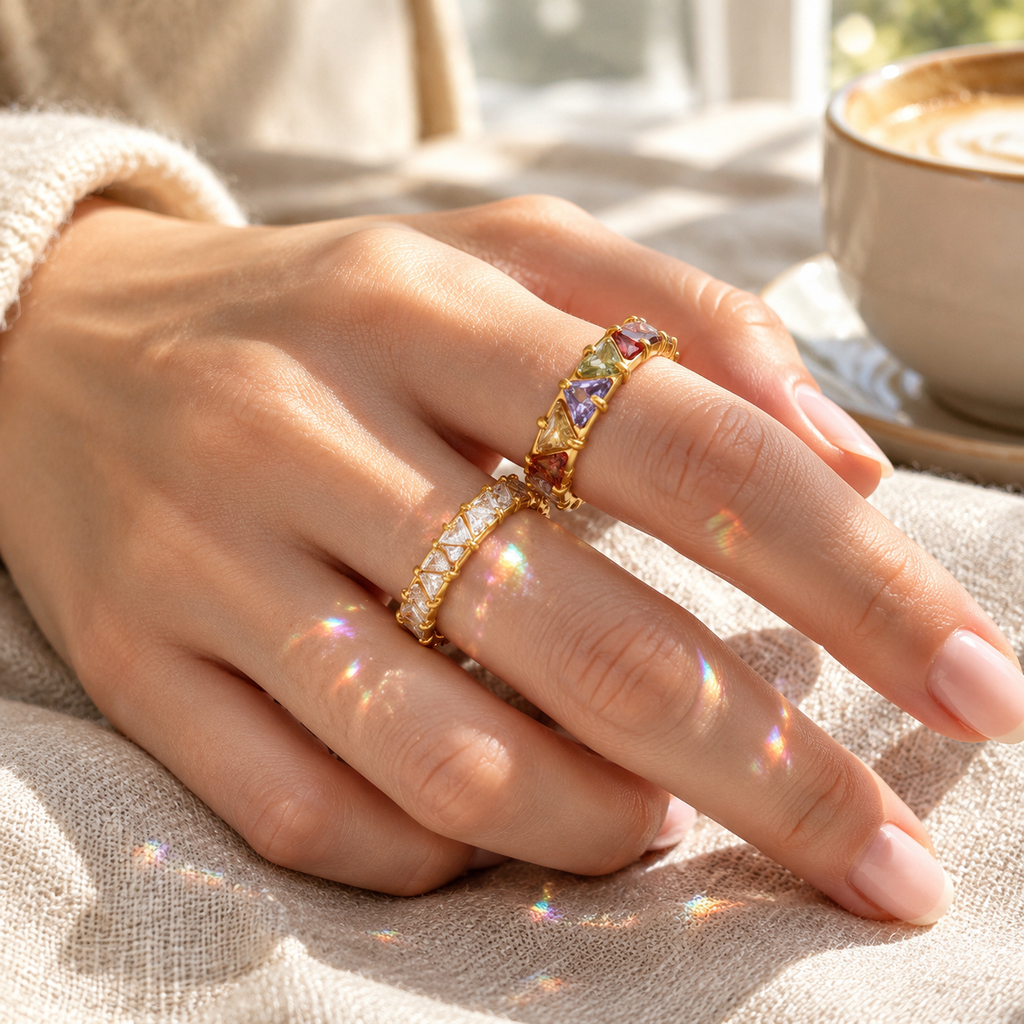 Rainbow Triangle CZ Eternity Ring, 18K Gold Plated Full Band Stackable Statement Ring for Women, Colorful & Clear Zircon Wedding Band Jewelry Gift