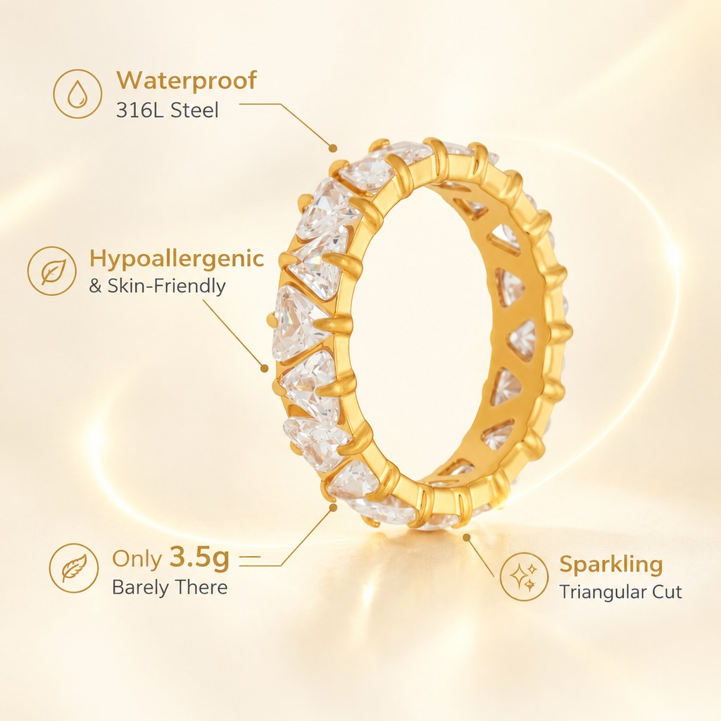Rainbow Triangle CZ Eternity Ring, 18K Gold Plated Full Band Stackable Statement Ring for Women, Colorful & Clear Zircon Wedding Band Jewelry Gift
