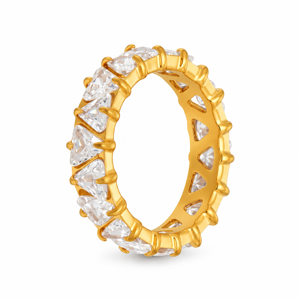 Rainbow Triangle CZ Eternity Ring, 18K Gold Plated Full Band Stackable Statement Ring for Women, Colorful & Clear Zircon Wedding Band Jewelry Gift
