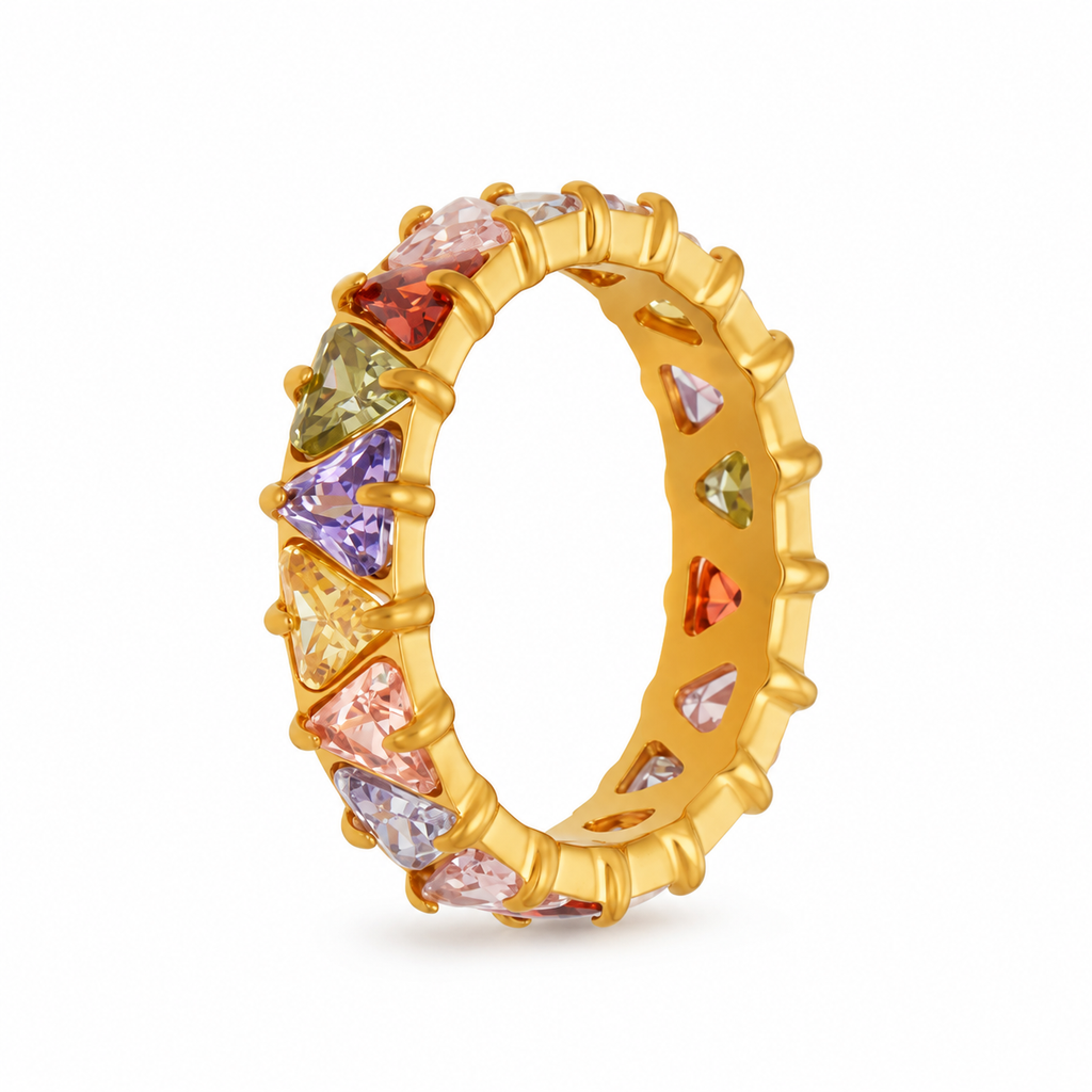 Rainbow Triangle CZ Eternity Ring, 18K Gold Plated Full Band Stackable Statement Ring for Women, Colorful & Clear Zircon Wedding Band Jewelry Gift