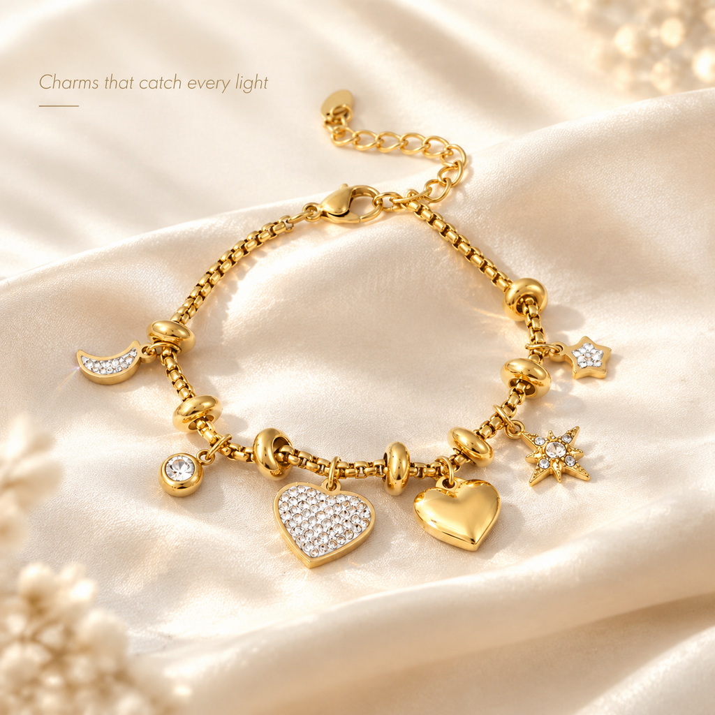18K Gold Plated Moon Star Heart Charm Bracelet, Pave CZ Dangle Beaded Bracelet, Adjustable Stackable Women’s Fashion Jewelry Gift