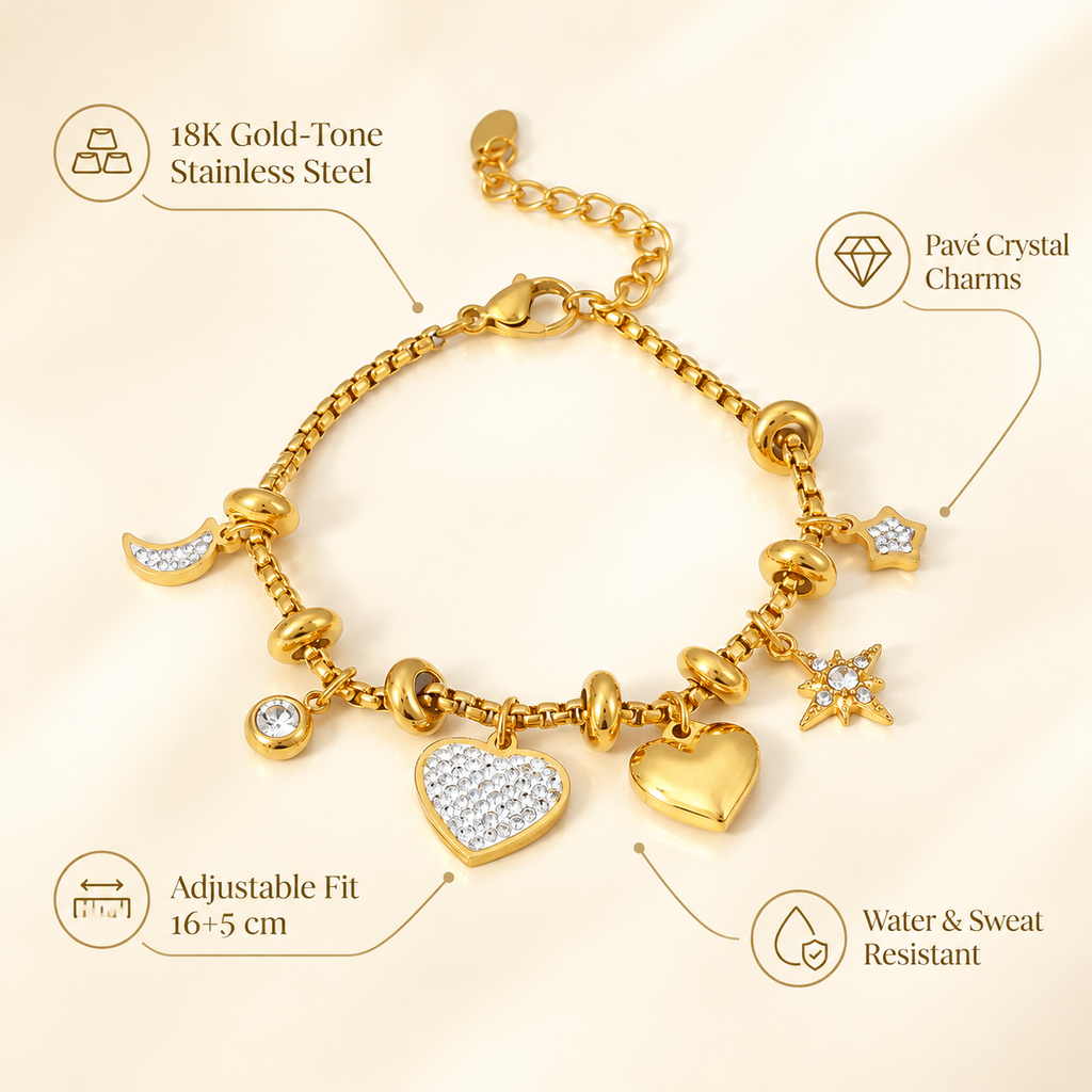 18K Gold Plated Moon Star Heart Charm Bracelet, Pave CZ Dangle Beaded Bracelet, Adjustable Stackable Women’s Fashion Jewelry Gift