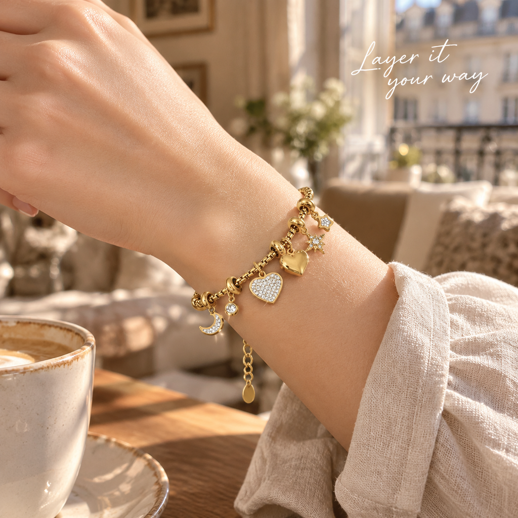 18K Gold Plated Moon Star Heart Charm Bracelet, Pave CZ Dangle Beaded Bracelet, Adjustable Stackable Women’s Fashion Jewelry Gift