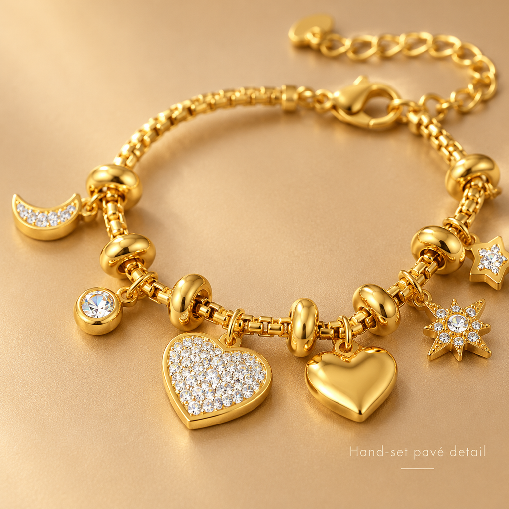 18K Gold Plated Moon Star Heart Charm Bracelet, Pave CZ Dangle Beaded Bracelet, Adjustable Stackable Women’s Fashion Jewelry Gift